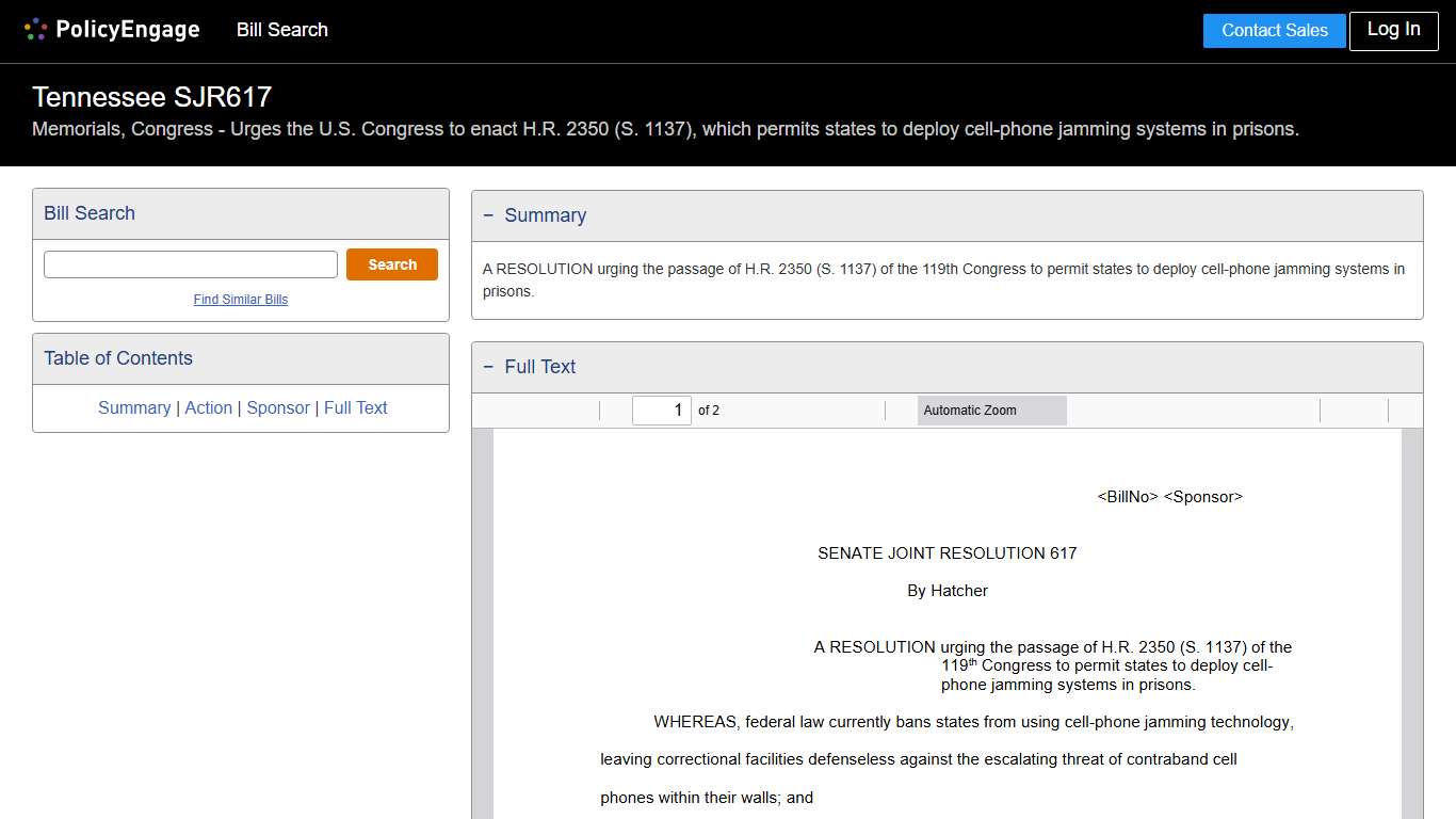 SJR617 Tennessee 2025-2026 Memorials, Congress - Urges the U.S. Congress to enact H.R. 2350 (S. 1137), which permits states to deploy cell-phone jamming systems in prisons. - Legislative Tracking PolicyEngage